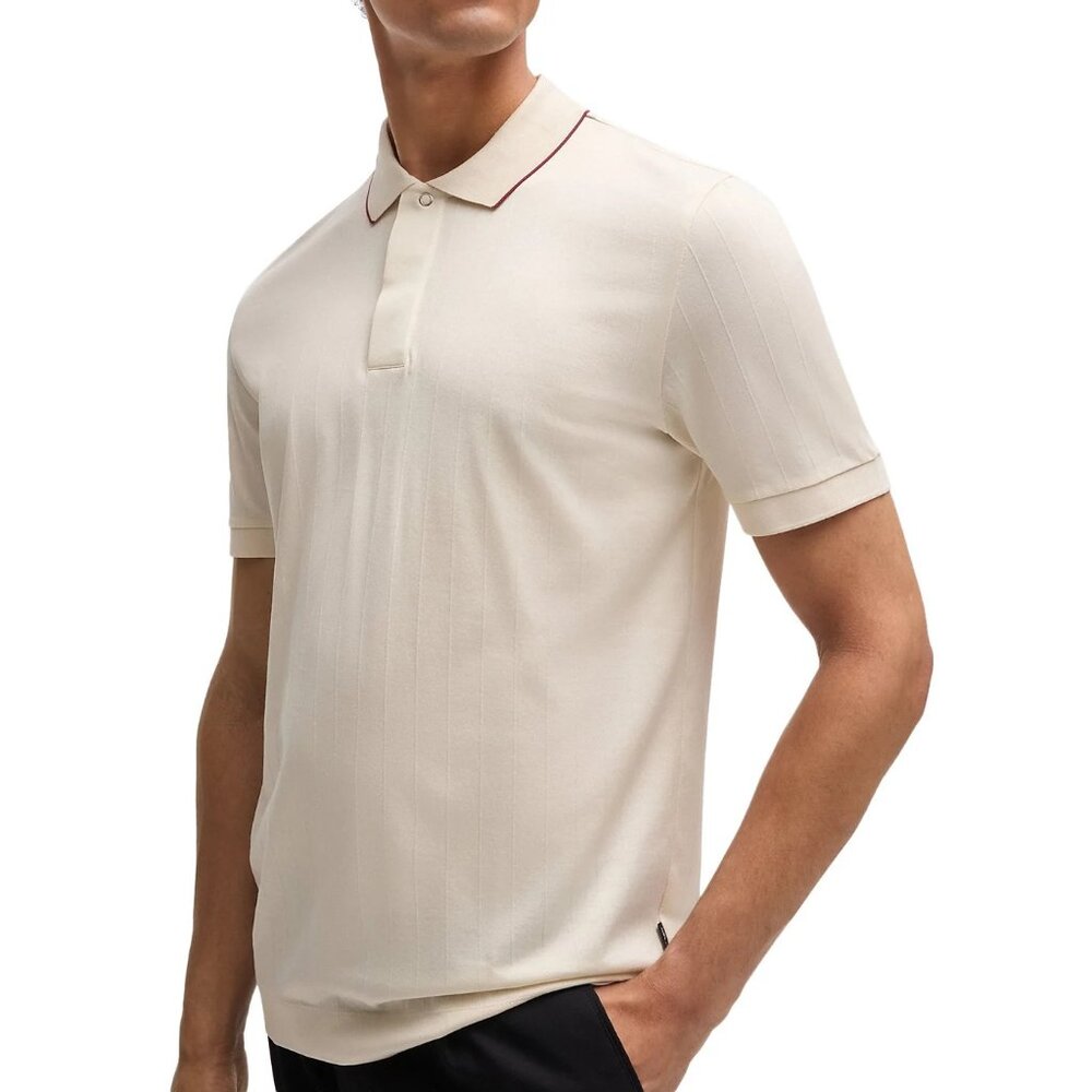 Hugo Boss Men's PORSCHE x BOSS Parlay Jacquard Grid Tipped SS Polo Shirt White